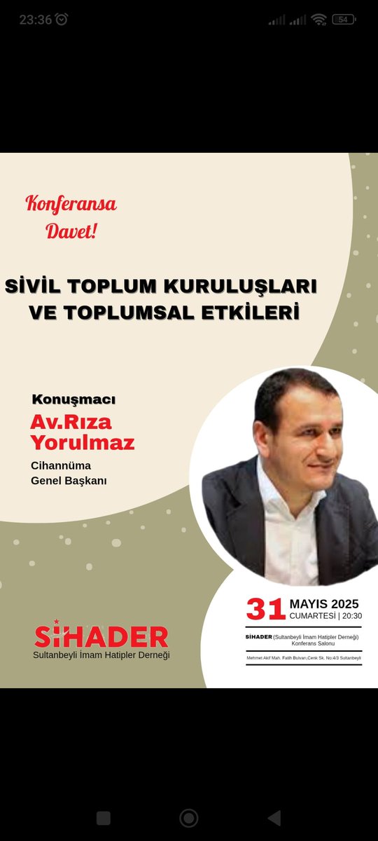 sihaderx's tweet photo. KONFERANSA DAVET

SİHADER'de  bu hafta Cumartesi günü saat 20.30'da,  Cihannüma Genel Başkanı Sayın Av. Rıza Yorulmaz'ın "Sivil Toplum Kuruluşları ve Toplumsal Etkileri" konulu sunumuyla misafir edeceğiz.

@Cihannumader @onderihl 
#sultanbeyli #söyleşi #konferans https://t.co/oP69CVpFM4