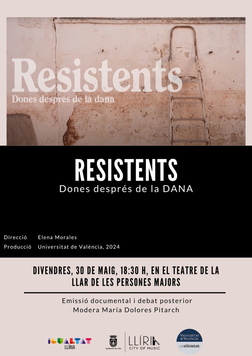 🎞️ El documental 𝑹𝒆𝒔𝒊𝒔𝒕𝒆𝒏𝒕𝒔 𝑫𝒐𝒏𝒆𝒔 𝒅𝒆𝒔𝒑𝒓𝒆́𝒔 𝒅𝒆 𝒍𝒂 𝑫𝑨𝑵𝑨 arriba a Llíria! Una producció dirigida per la periodista Elena Morales que recull 8 històries de dones que han viscut, viuen o estan relacionades amb la DANA

🗓️Divendres 30/05, 18:30h
📍Llíria