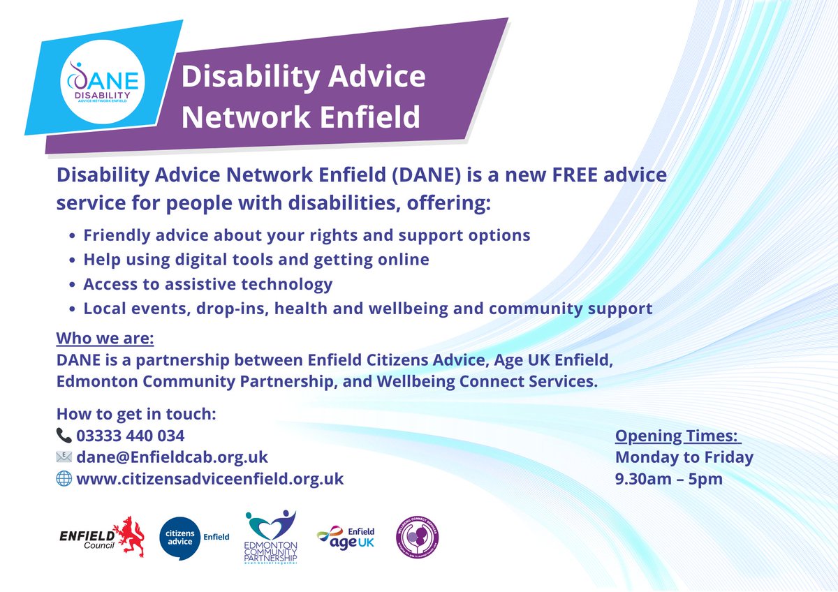 Citizens Advice (@caenfield) on Twitter photo Big news! Enfield Citizens Advice will lead a new 9-year programme supporting disabled residents across Enfield. Through DANE, we’ll deliver advice, digital inclusion & assistive tech with <a href="/AgeUKEnfield/">Age Uk Enfield</a> <a href="/EdmontonCP/">Edmonton Press</a> & Wellbeing Connect. #Enfield #DisabilitySupport #DANE Big news! Enfield Citizens Advice will lead a new 9-year programme supporting disabled residents across Enfield. Through DANE, we’ll deliver advice, digital inclusion & assistive tech with <a href="/AgeUKEnfield/">Age Uk Enfield</a> <a href="/EdmontonCP/">Edmonton Press</a> & Wellbeing Connect. #Enfield #DisabilitySupport #DANE