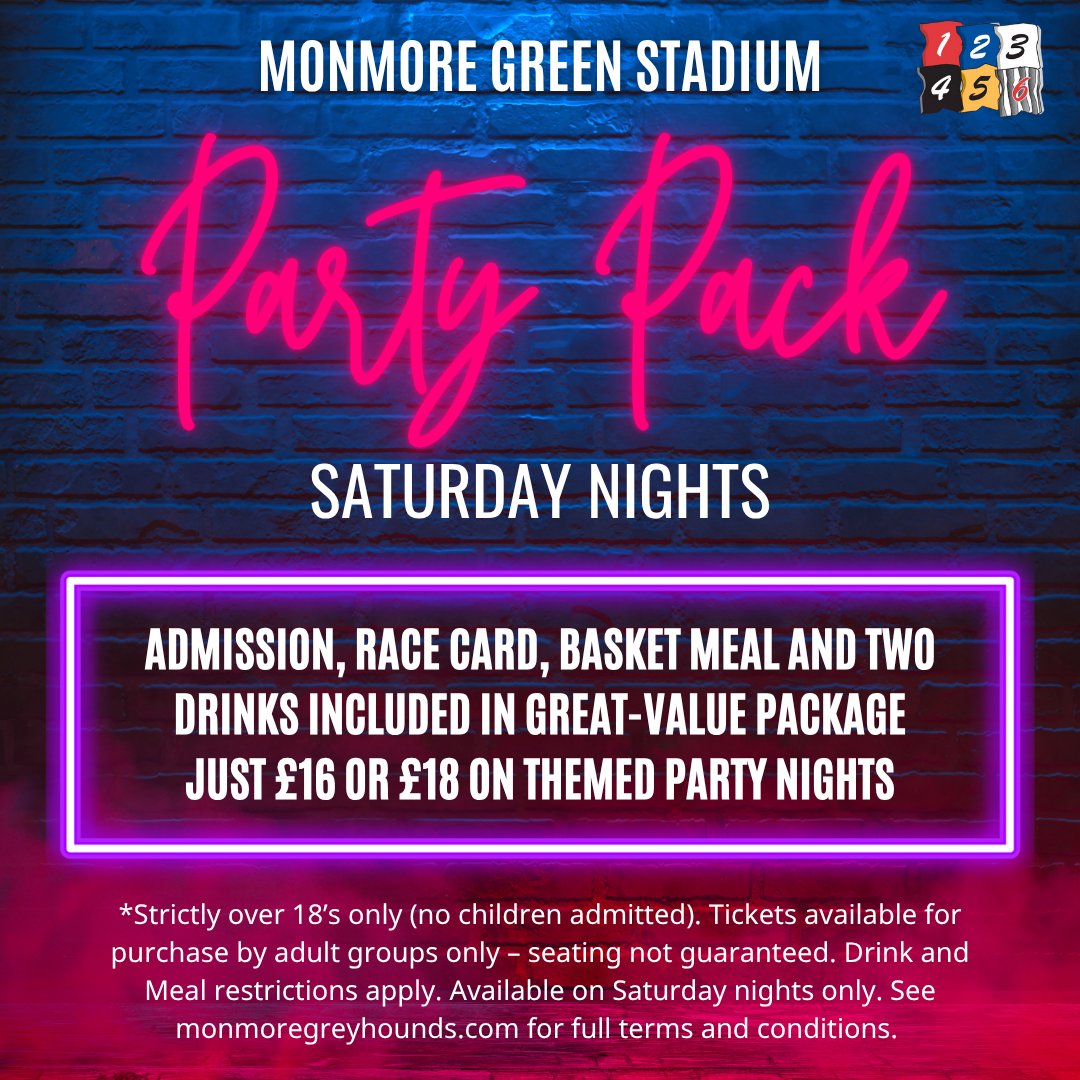 - Two Drinks 🍻
- Loaded Fries 🍟
- Admission to exclusive downstairs area 🎫
- Race card 📕

All this for just £16 on Saturday nights - our Party Pack deal is still amazing value (18+ only) 😋
monmoregreyhounds.com/partypack
