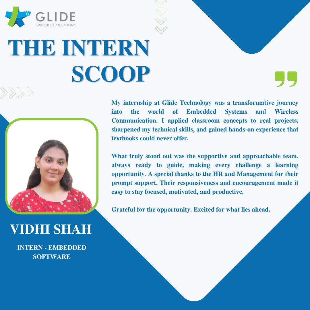 glidemtech's tweet image. &quot;It has been an incredibly enriching journey where I gained valuable knowledge and hands-on experience.&quot; 🗒️ - Vidhi Shah shares her experience from her internship at #GlideTechnology

🔗 About our #WorkCulture &amp;amp; #CurrentOpenings: glidemtech.com/careers/

#Internship #Feedback