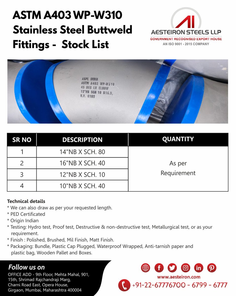aesteironllp's tweet image. Stainless Steel Fittings Stocklist
aesteiron.com
-
#stainlesssteel #ssfittings #steelfitting #steelfittings #astma403 #buttweldfittings #elbowfitings #elbowfitting #longradiuselbow #ssbuttwelfittings #stainlesssteel310
-
Do enquire us for more stainless steel fitting