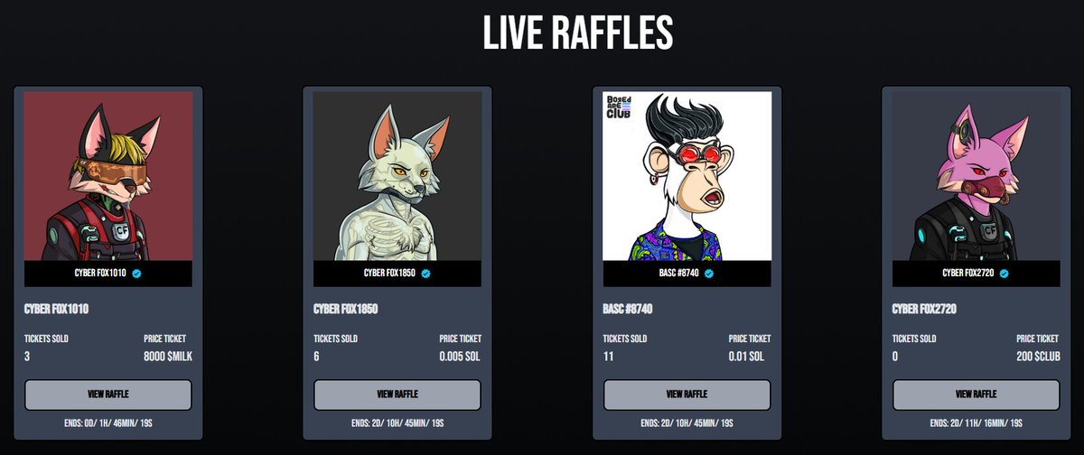 4 raffles are live at our raffle site 🎟️

Including a <a href="/BoredApeSolClub/">Bored Ape Solana Club</a> and a rare naked skeleton Cyber Fox 👀

Grab some tickets before they end:
raffles.thefoxclub.wtf

Did you know you can create your own raffles using our raffle site just in a few steps?