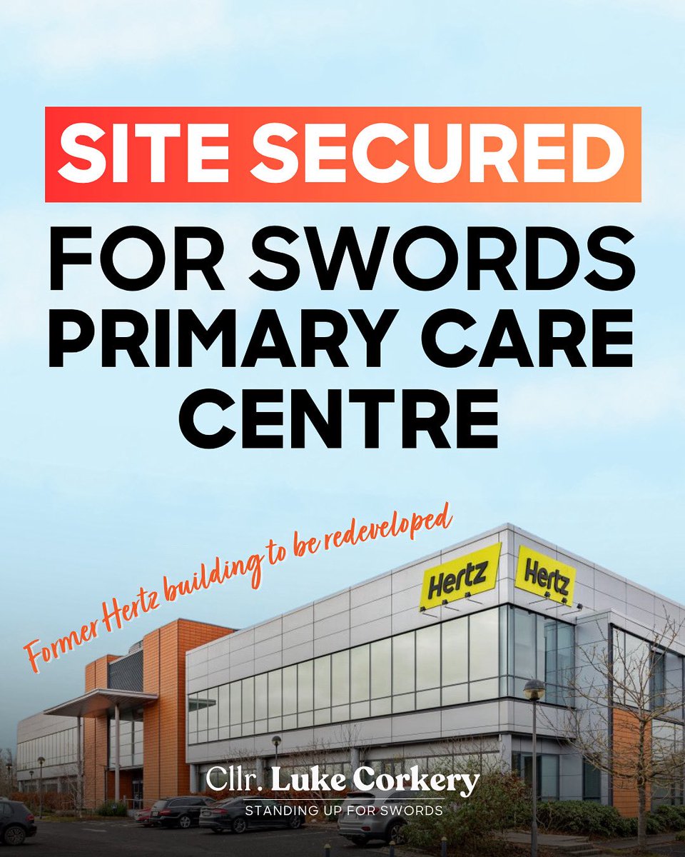 Cllr. Luke Corkery (@lukeacorkery) on Twitter photo This morning, <a href="/HSELive/">HSE Ireland</a> announced a significant step forward for the long-awaited Swords Primary Care Centre.
The HSE has acquired the former Hertz building on Seatown Road and will assemble a team to oversee the design, planning and development of a Primary Care Centre. This morning, <a href="/HSELive/">HSE Ireland</a> announced a significant step forward for the long-awaited Swords Primary Care Centre.
The HSE has acquired the former Hertz building on Seatown Road and will assemble a team to oversee the design, planning and development of a Primary Care Centre.