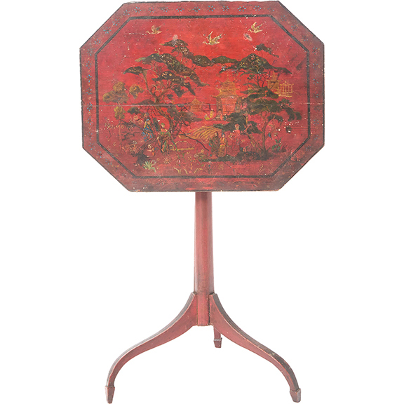 Red-painted chinoiserie-decorated tilt-top candlestand, eastern Massachusetts, c 1800, sold for $10,240 (e $3000/5000) at <a href="/DoyleNewYork/">Doyle Auctioneers & Appraisers</a> The octagonal top is painted with a landscape scene in the Chinese style maineantiquedigest.com/stories/bierst… #antiques #antique #China #Americana #table