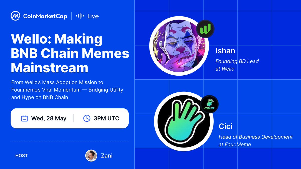 CoinMarketCap's tweet image. [CMC Live] Wello: Making BNB Chain Memes Mainstream!

📍 Set a reminder &amp;amp; tune in at: coinmarketcap.com/community/post…

🔥 From Wello's Mass Adoption Mission to Four(.)meme's Viral Momentum — Bridging Utility and Hype on BNB Chain with @four_meme_ and @wellowealth.