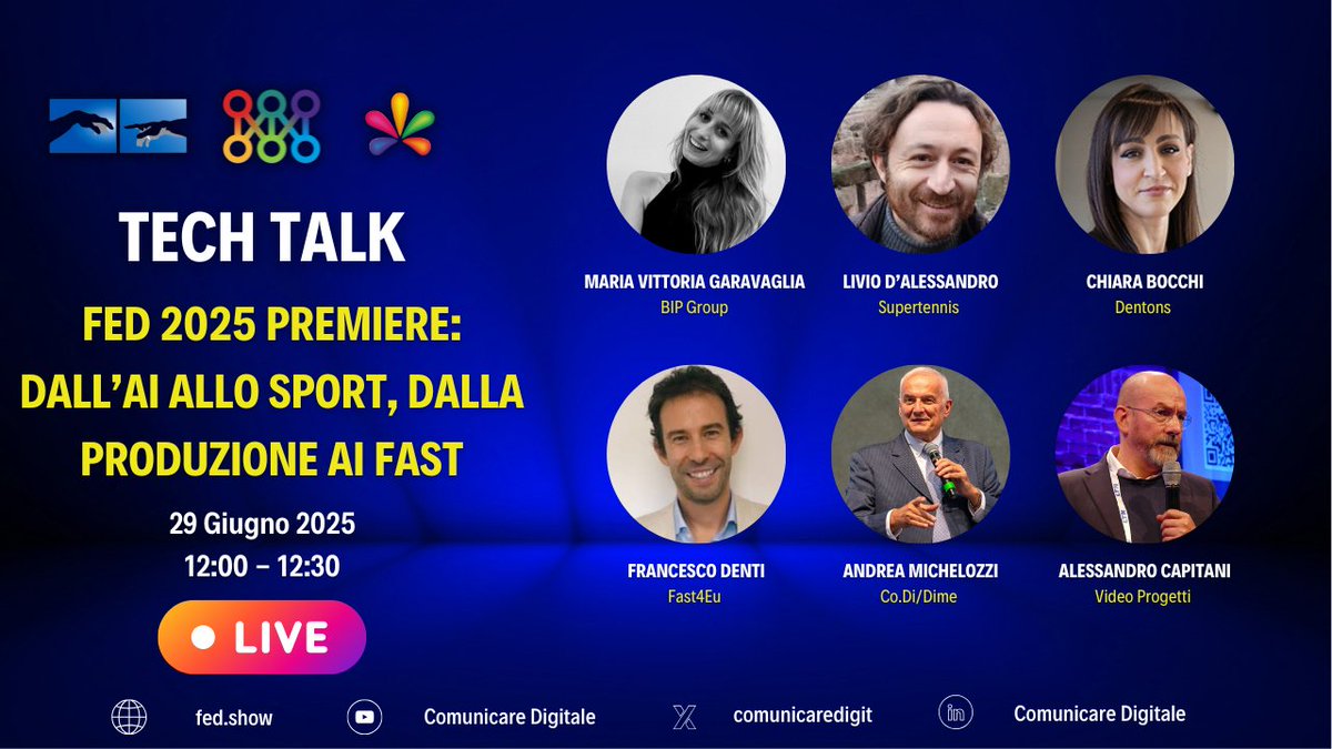Comunicare Digitale (@comunicaredigit) on Twitter photo Torna il Tech Talk domani 29 Maggio dalle 12.00 alle 12.30 su fed2025.com, piattaforme video <a href="/LinkedIn/">LinkedIn</a> <a href="/facebook/">Facebook</a> e <a href="/YouTube/">YouTube</a> + <a href="/digitalsat_it/">Digital-Sat News</a> e <a href="/monitortv/">MonitoR_magazine</a>
Grazie a <a href="/Bip_Group/">BIP</a> <a href="/SuperTennisTv/">SuperTennis TV</a> <a href="/Dentons/">Dentons</a> <a href="/OKASTV/">OKAST</a> e Video Progetti Torna il Tech Talk domani 29 Maggio dalle 12.00 alle 12.30 su fed2025.com, piattaforme video <a href="/LinkedIn/">LinkedIn</a> <a href="/facebook/">Facebook</a> e <a href="/YouTube/">YouTube</a> + <a href="/digitalsat_it/">Digital-Sat News</a> e <a href="/monitortv/">MonitoR_magazine</a>
Grazie a <a href="/Bip_Group/">BIP</a> <a href="/SuperTennisTv/">SuperTennis TV</a> <a href="/Dentons/">Dentons</a> <a href="/OKASTV/">OKAST</a> e Video Progetti