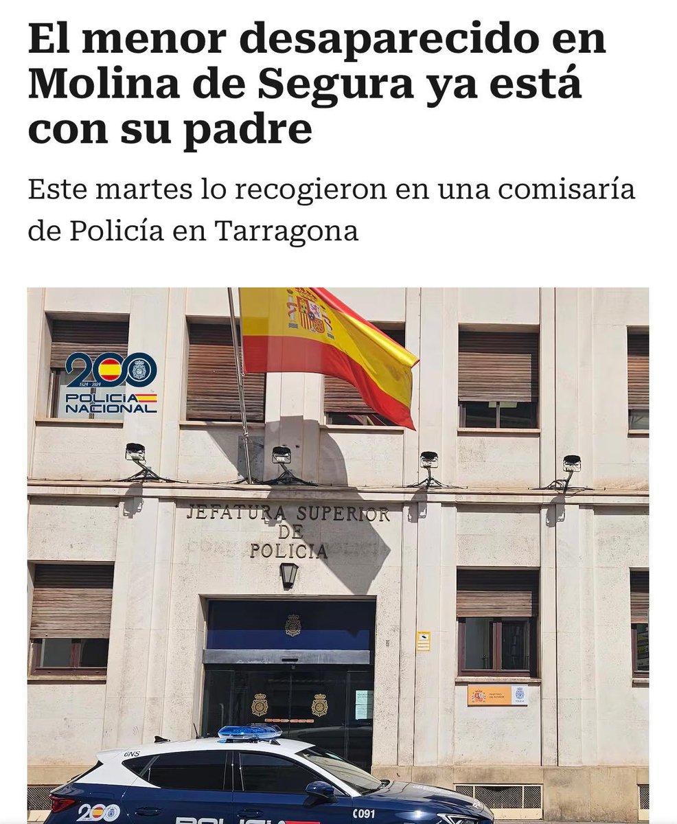 Me siento muy feliz porque hoy hemos amanecido con la mejor de las noticias posibles. El pequeño Bernardino, el menor de cuatro años que desapareció hace unas semanas en #MolinaDeSegura, ya está con su padre.

En este tiempo he estado en contacto con el padre del menor y sé de