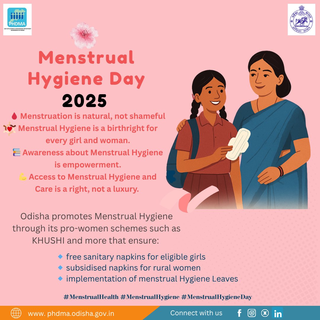 🌸 Menstrual Hygiene Day 2025 🌸
PHDMA stands for dignity, access &amp; awareness.
🩸 Menstruation is natural
📚 Awareness empowers
💪 Access is a right
Let’s ensure no girl misses school due to lack of hygiene.
#MHDay2025 #OdishaForHer #MenstrualHygieneMatters
