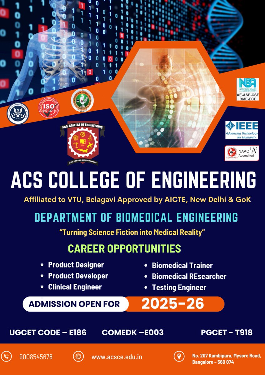 acscebangalore's tweet image. 💻 #Admissions_Open 2025–26! Launch your career in #Biomedical_Engineering at #ACSCE! 💡 Learn at the intersection of medicine &amp;amp; tech with top faculty, modern labs &amp;amp; an industry-ready curriculum. 📥 Apply now! 📞 90085 45678 🌐 acsce.edu.in #BME #HealthTech