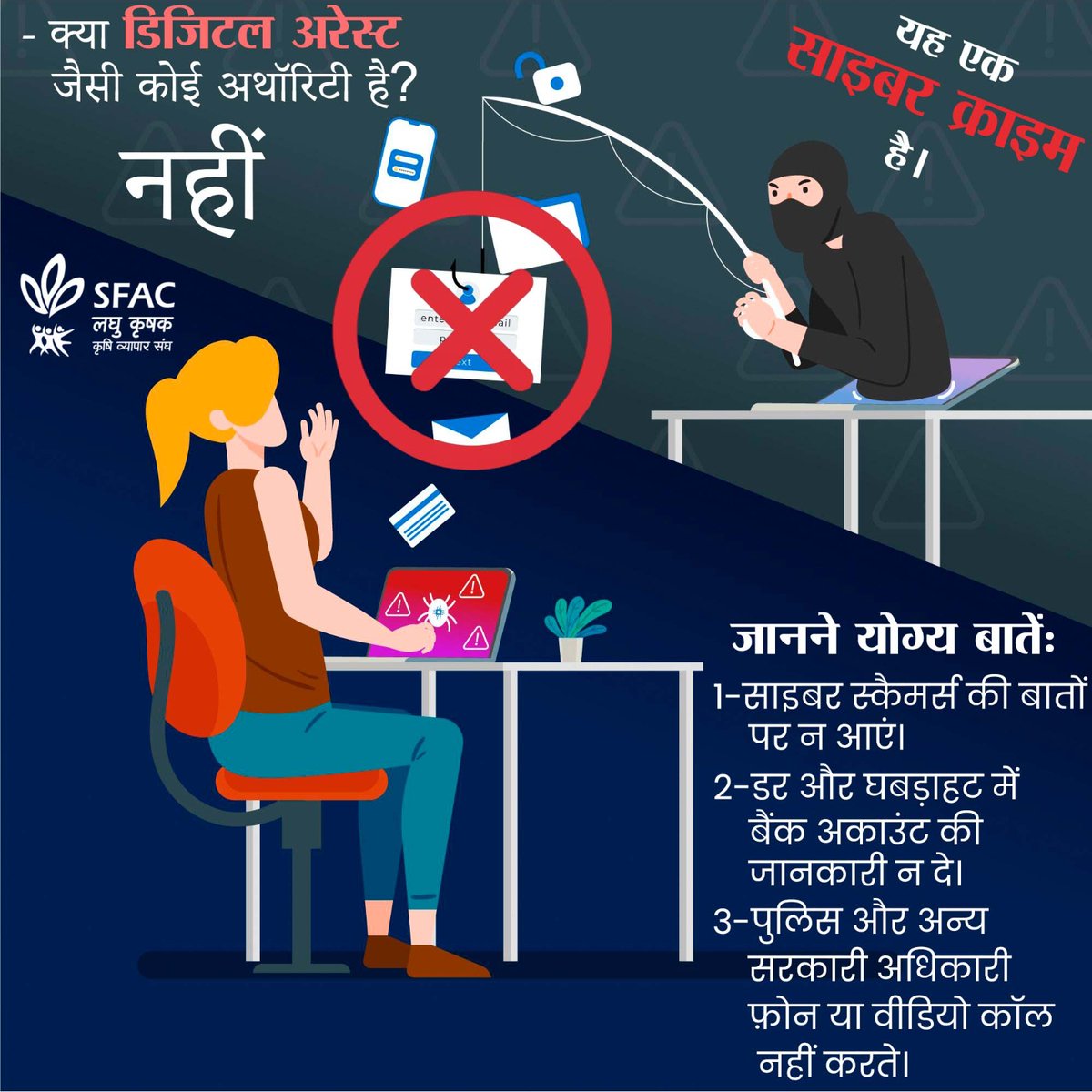 sfacindia's tweet photo. डिजिटल अरेस्ट एक स्कैम है। साइबर अपराधी, पुलिस या सरकारी अधिकारी बनकर पीड़ितों को डरातें-धमकाते हैं, फाइन या सिक्योरिटी डिपॉजिट के नाम पर ज़बरदस्ती पैसे निकलवाते हैं। ऐसे फ़ोन से बचें और तुरंत पुलिस को रिपोर्ट करें।

#CyberSecurityAwareness #BePasswordSafe https://t.co/EEz4maHYmJ