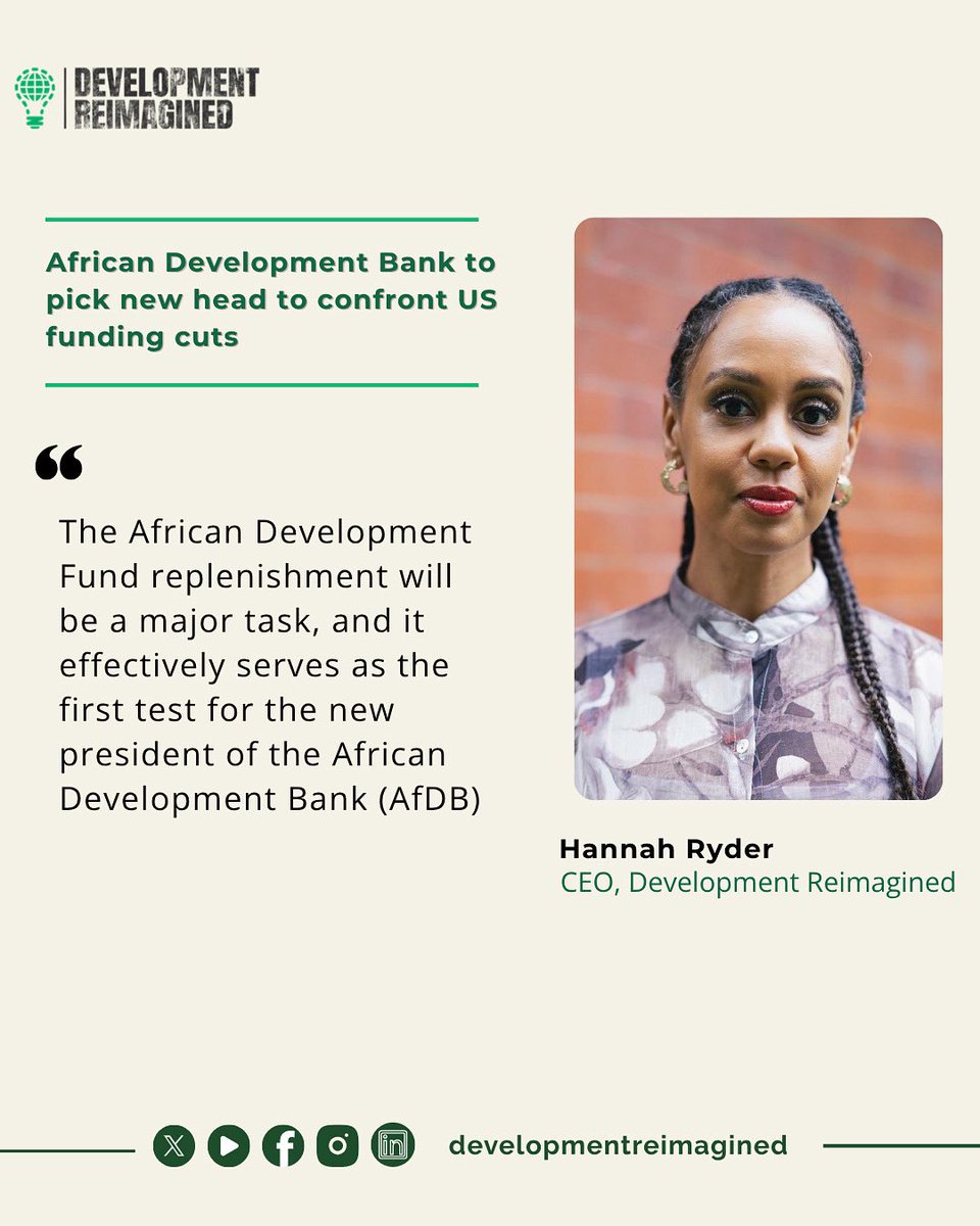 Development Reimagined™ (@devreimagined) on Twitter photo As the African Development Bank prepares to appoint new leadership, our CEO <a href="/hmryder/">Hannah Ryder (芮 婉 洁)</a> , in her comment to <a href="/Reuters/">Reuters</a> , highlights why replenishing the African Development Fund will be a pivotal early test for the incoming president—one that could define the Bank’s credibility and As the African Development Bank prepares to appoint new leadership, our CEO <a href="/hmryder/">Hannah Ryder (芮 婉 洁)</a> , in her comment to <a href="/Reuters/">Reuters</a> , highlights why replenishing the African Development Fund will be a pivotal early test for the incoming president—one that could define the Bank’s credibility and