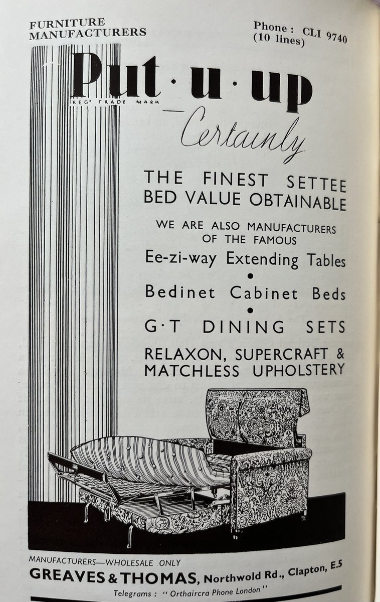 HistoryClapton's tweet photo. Greaves & Thomas were a furniture manufacturers in Clapton, Hackney from 1911 till 1965. They were situated at Amherst works 93-103 Northwold Road and were incorporated into Schreiber furniture in 1967. The furniture from the 1960s mirrored the style of modernist Danish designers, using clean geometries, teak timber, tapered furniture legs and smooth fabrics. Greaves & Thomas invented the Put-U-Up settee-bed, much sought after today. 

Photos:
1: Business Advertisement 1936
2: Street view of Amherst Works 93-103 Northwold Road
3: Upholsterer from the factory in 1953