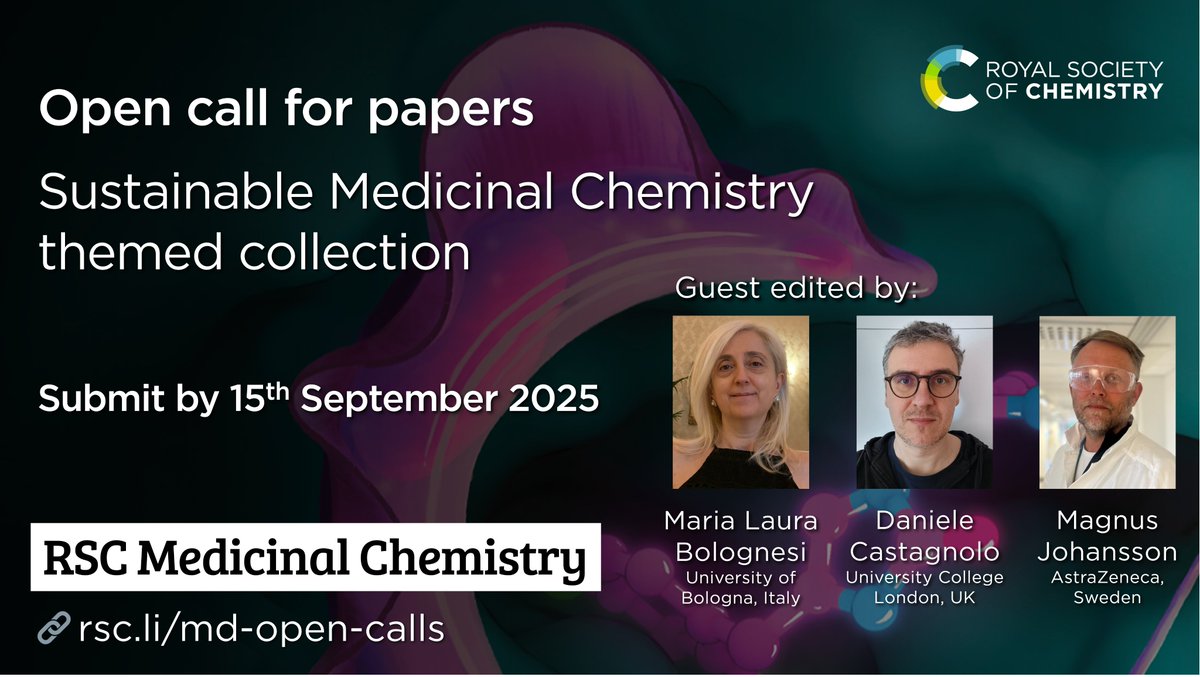 RSC Medicinal Chemistry (@rsc_medchem) on Twitter photo We are delighted to announce our #OpenCall for papers for our Sustainable Medicinal Chemistry themed collection📢
Guest Editors: <a href="/mlbolognesi/">Maria-Laura Bolognesi</a>, <a href="/d_castagnolo/">Daniele Castagnolo</a> and <a href="/MagnusJJ_CH_LSF/">Magnus Johansson</a>
Find out more about the collection and how to submit, here👇
rsc.org/journals-books… We are delighted to announce our #OpenCall for papers for our Sustainable Medicinal Chemistry themed collection📢
Guest Editors: <a href="/mlbolognesi/">Maria-Laura Bolognesi</a>, <a href="/d_castagnolo/">Daniele Castagnolo</a> and <a href="/MagnusJJ_CH_LSF/">Magnus Johansson</a>
Find out more about the collection and how to submit, here👇
rsc.org/journals-books…