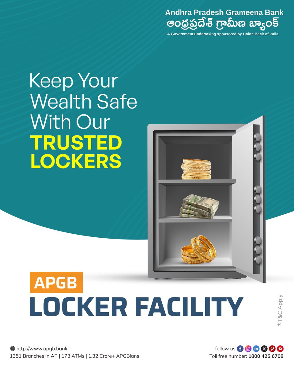 apgbankofficial's tweet photo. Keep your wealth safe with our trusted lockers
APGB Locker Facility

#andhrapradeshgrameenabank #apgb #lockerfacility #banklocker https://t.co/d4XDK5k73a