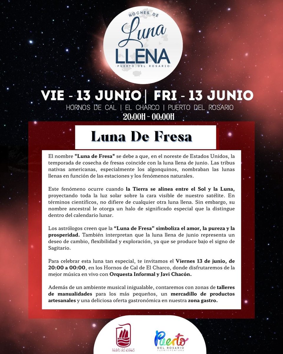 VisitPuerto's tweet photo. 🌕✨ ¡Vuelven las Noches de Luna Llena a Puerto del Rosario!
 Este 13 de junio, te esperamos en Hornos de Cal – El Charco para vivir una noche mágica bajo la Luna de Fresa 🍓🌌

#PuertoDelRosario #NochesDeLunaLlena #LunaDeFresa #Fuerteventura https://t.co/2pSz4Phqzr