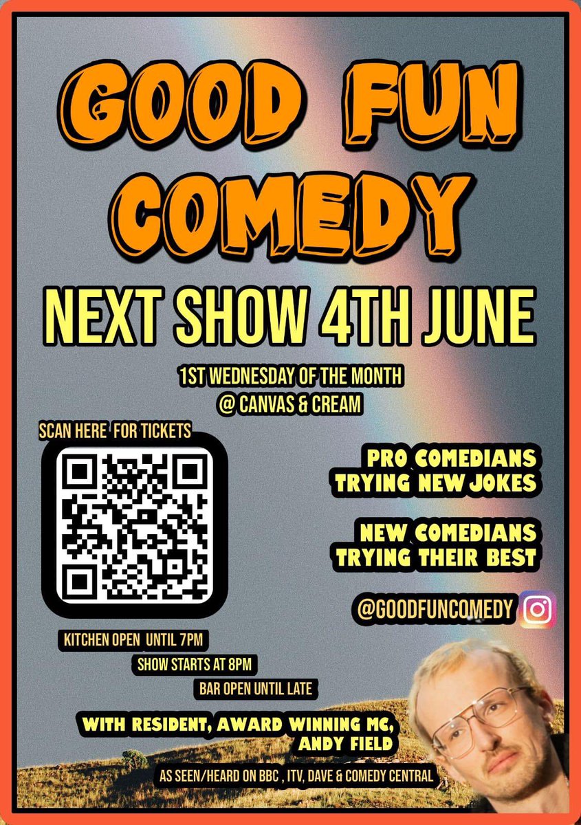 IVE COMEDY 
Hosted by the wonderful Andy Field, our next comedy night is next Wednesday, starting at 8pm
But come early and get fed with our kitchen open until 7pm and enjoy a cocktail or two before the show starts at 8pm