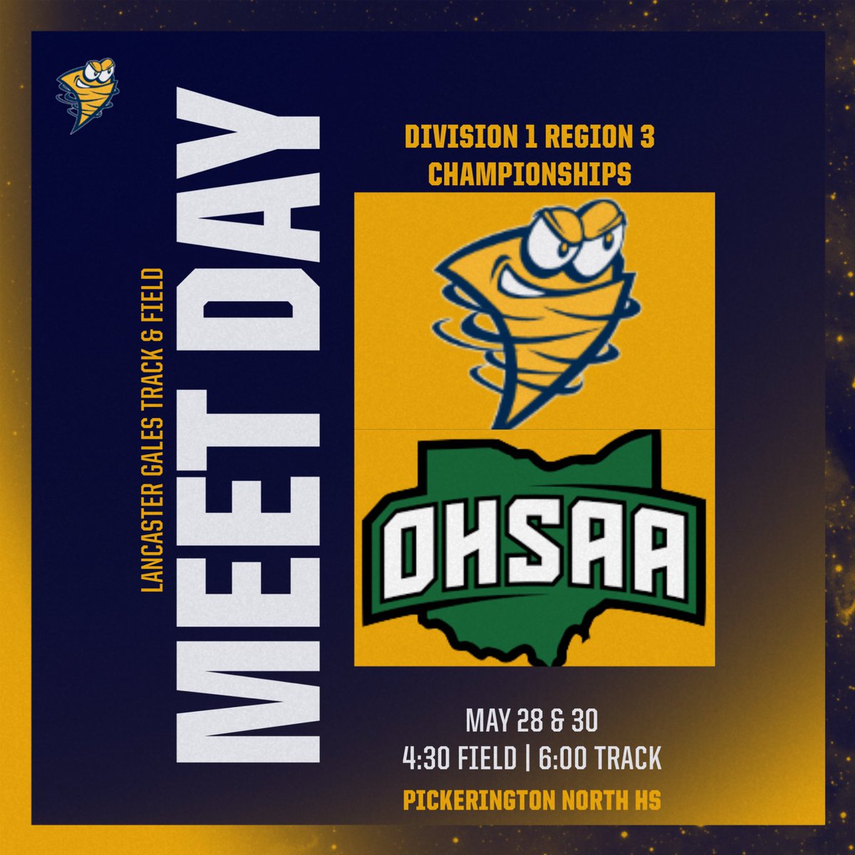 WEDNESDAY 
Pole Vault: Bas Fahrer &amp; Wyatt Krutsch
4x800 m Relay

FRIDAY
High Jump: Eli Roush
1600 m: Brock Jarrett
800 m: Gabe McNeil

🌪️Go Gales!🌪️