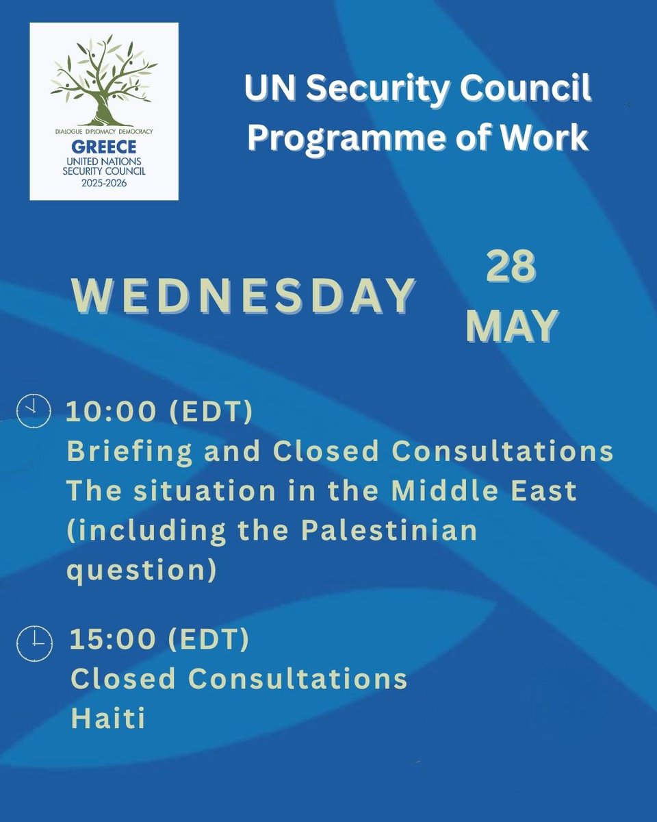 Greece to the United Nations (@grun_ny) on Twitter photo #UNSC Programme of Work for today, Wednesday May 28th
🇬🇷🇺🇳
#GreeceUNSC
<a href="/GreeceMFA/">Υπουργείο Εξωτερικών</a> #UNSC Programme of Work for today, Wednesday May 28th
🇬🇷🇺🇳
#GreeceUNSC
<a href="/GreeceMFA/">Υπουργείο Εξωτερικών</a>