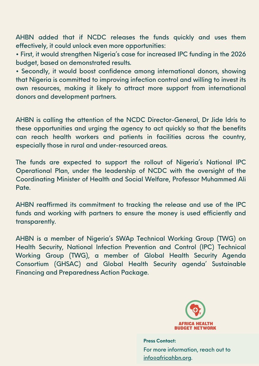 Press Release: 

UNLOCK MORE OPPORTUNITIES: AHBN URGES THE NIGERIAN GOVERNMENT TO RELEASE 2025 APPROVED IPC BUDGET.