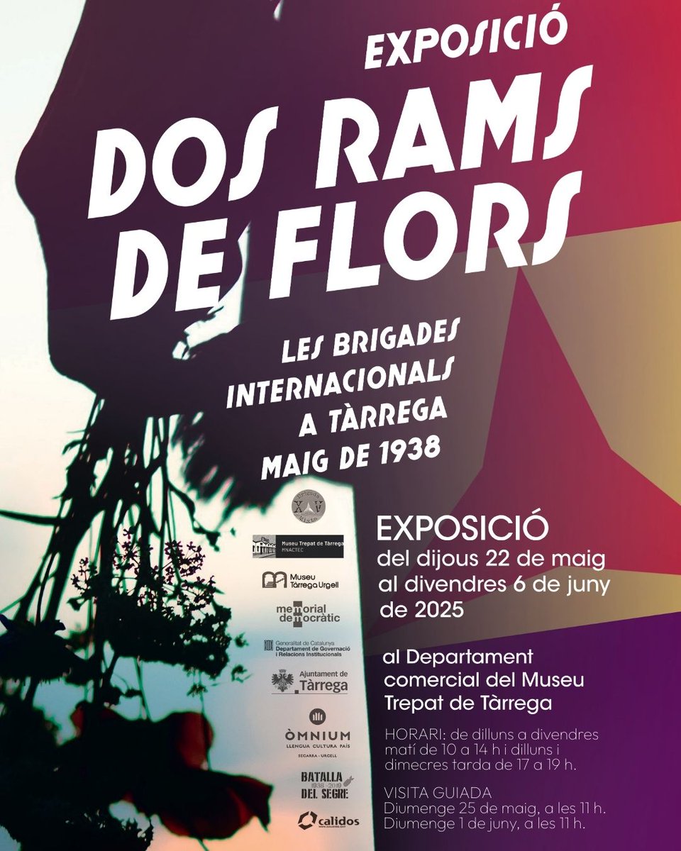 Cultura Tàrrega (@culturatarrega) on Twitter photo 🕊️ Exposició i documental “Dos rams de flors”
📍 <a href="/MuseuTrepat/">Museu Trepat</a> #Tàrrega
📅 Fins 06/06
👣 Visita guiada: 01/06 – 11 h
Descobreix el pas de les Brigades Internacionals per l’Urgell el 1938 a través de fotos inèdites.
<a href="/ajtarrega/">Ajuntament de Tàrrega</a> 🕊️ Exposició i documental “Dos rams de flors”
📍 <a href="/MuseuTrepat/">Museu Trepat</a> #Tàrrega
📅 Fins 06/06
👣 Visita guiada: 01/06 – 11 h
Descobreix el pas de les Brigades Internacionals per l’Urgell el 1938 a través de fotos inèdites.
<a href="/ajtarrega/">Ajuntament de Tàrrega</a>