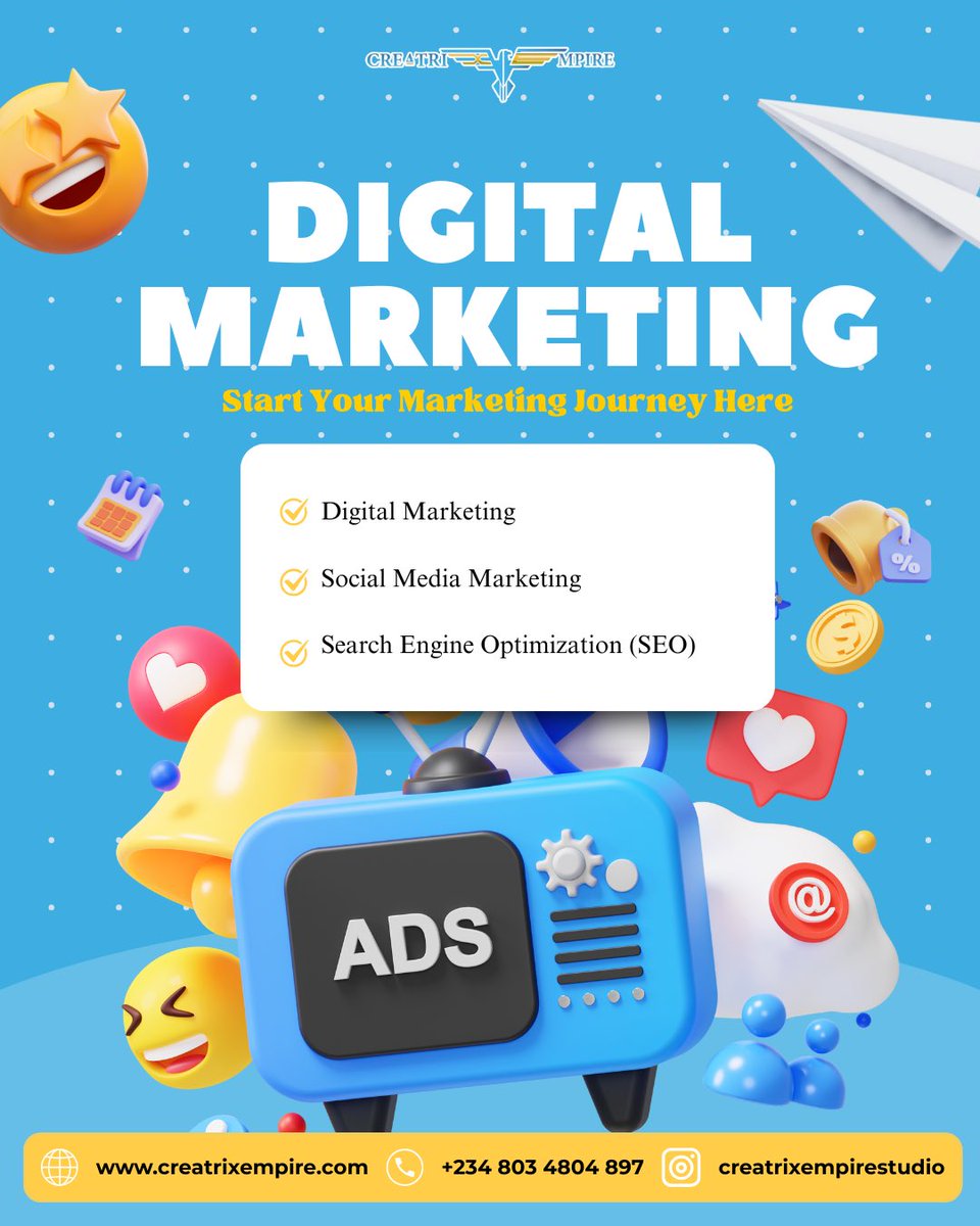 creatrixempire's tweet photo. 🚀 Ready to level up your brand?
Start your marketing journey with Creatrix Empire — your go-to for Digital Marketing, Social Media Strategy &amp; SEO mastery! 📊📱✨

👉 https://t.co/nsyWWyDhLi
📞 +234 803 4804 897
📸 @creatrixempirestudio

#DigitalMarketing #CreatrixEmpire #Social https://t.co/NFLq2t33ZY