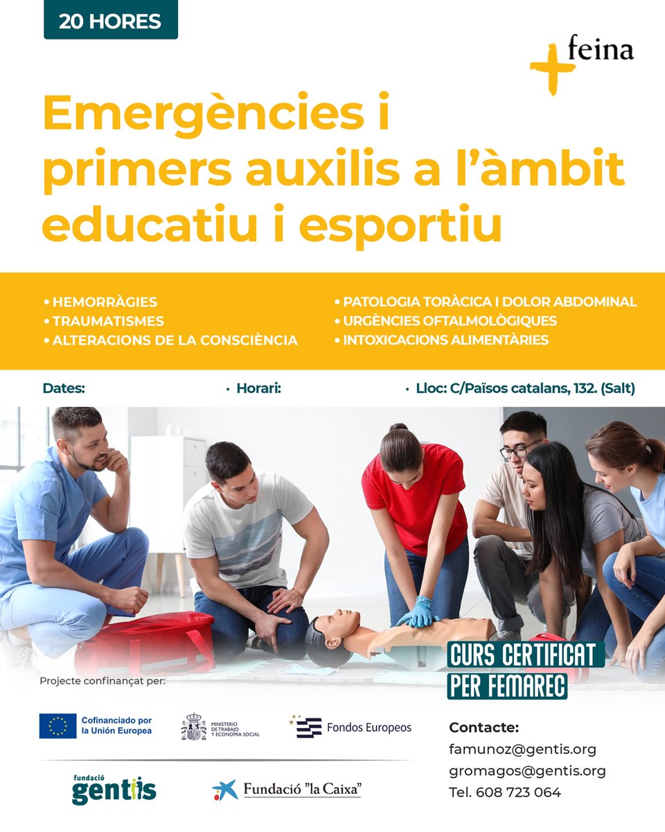 ✅ Aquest mes de juny iniciem la formació en Emergències i primers auxilis, formació que s’emmarca dins el programa +FEINA.

🙋‍♀️ Destinat per a persones que treballen a l’àmbit educatiu i/o esportiu

#+FEINA #treball #feina #empleo #dones #mujer #atur #paro #inserciólaboral
