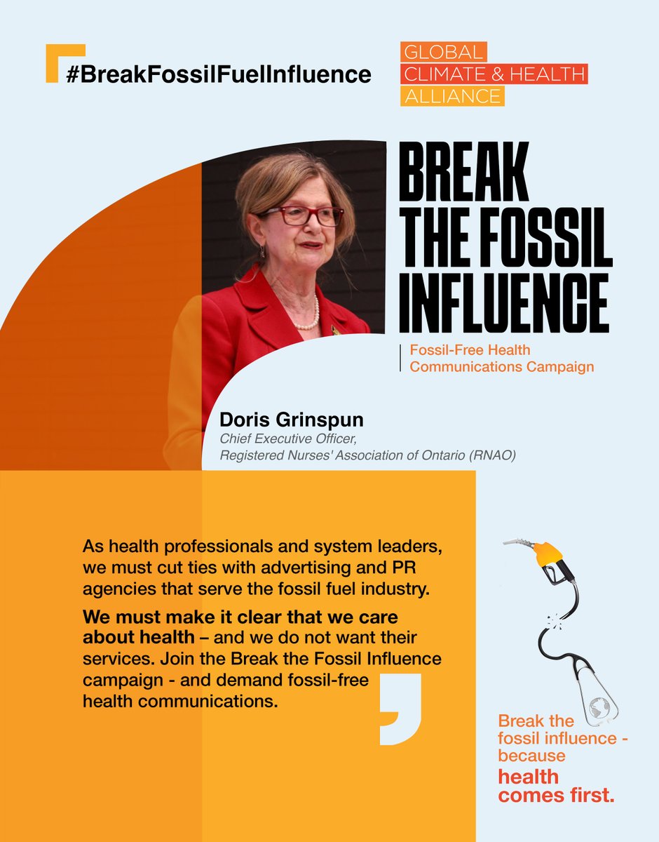 Health organisations - a significant client for the PR sector - have the power to choose to work only with agencies that do not take money from fossil fuel companies.

Let’s stand for facts &amp; lead by example: climateandhealthalliance.org/what-we-do/mob…

#BreakFossilFuelInfluence <a href="/DorisGrinspun/">Dr. Doris Grinspun 🇨🇦 RN, PhD, FAAN, O.ONT</a>