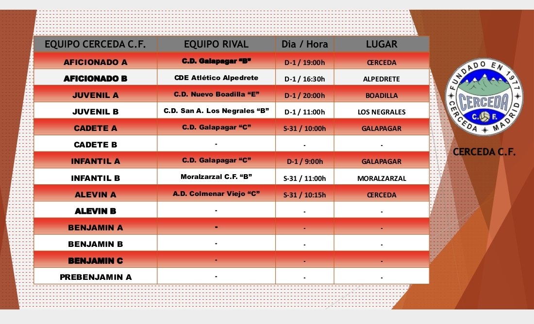 Horarios Partidos || Cerceda C.F.

Aqui os dejamos los horarios de los partidos que se jugaran el fin de semana (31/1 de Mayo/Junio). 

Ven a Animarnos! 👏

Vamooos Cerceda C.F. ⚪🔴