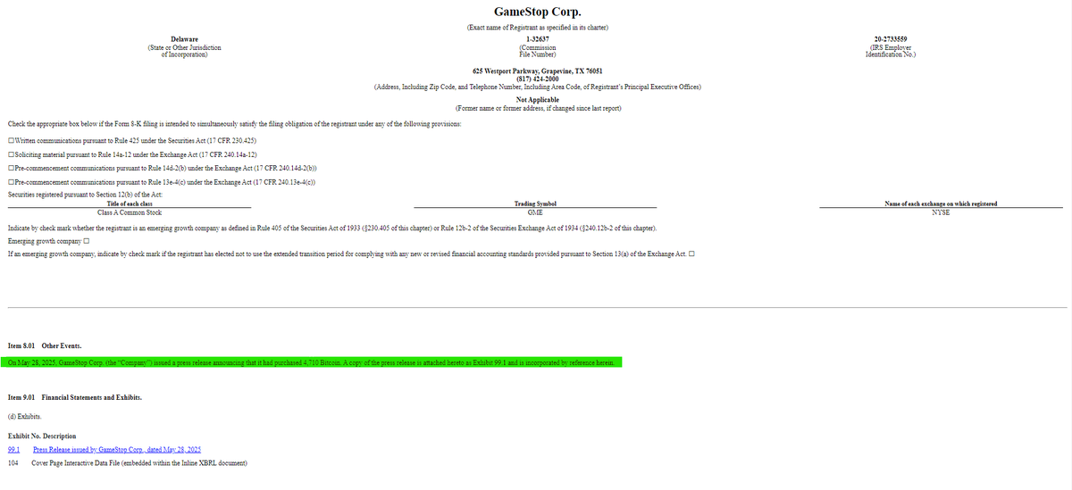 In GameStop's official 8-K from their $BTC purchase, they DID NOT disclose the Bitcoin purchase price. 4D chess with 🩳.

$GME