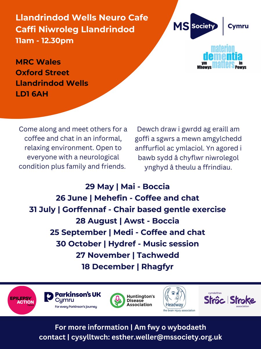 We have teamed up with the #MSSocietyCymru and others to provide advice, information, support and activities in a monthly Neuro Cafe, held in Llandrindod Wells once a month - please  share and come along to meet us!
