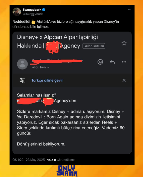 onlydramaX's tweet photo. SwaggyBark, Can Sungur'un yaptığı Disney+ reklamının ardından, kendisine de Disney+ sponsorluğu teklifi geldiğini ancak bunu reddettiğini açıkladı.

🗣️ SwaggyBark: "Reddedildi 👍 Atatürk’e ve bizlere ağır saygısızlık yapan Disney’in elinden su bile içilmez." https://t.co/mscl0q9YTL