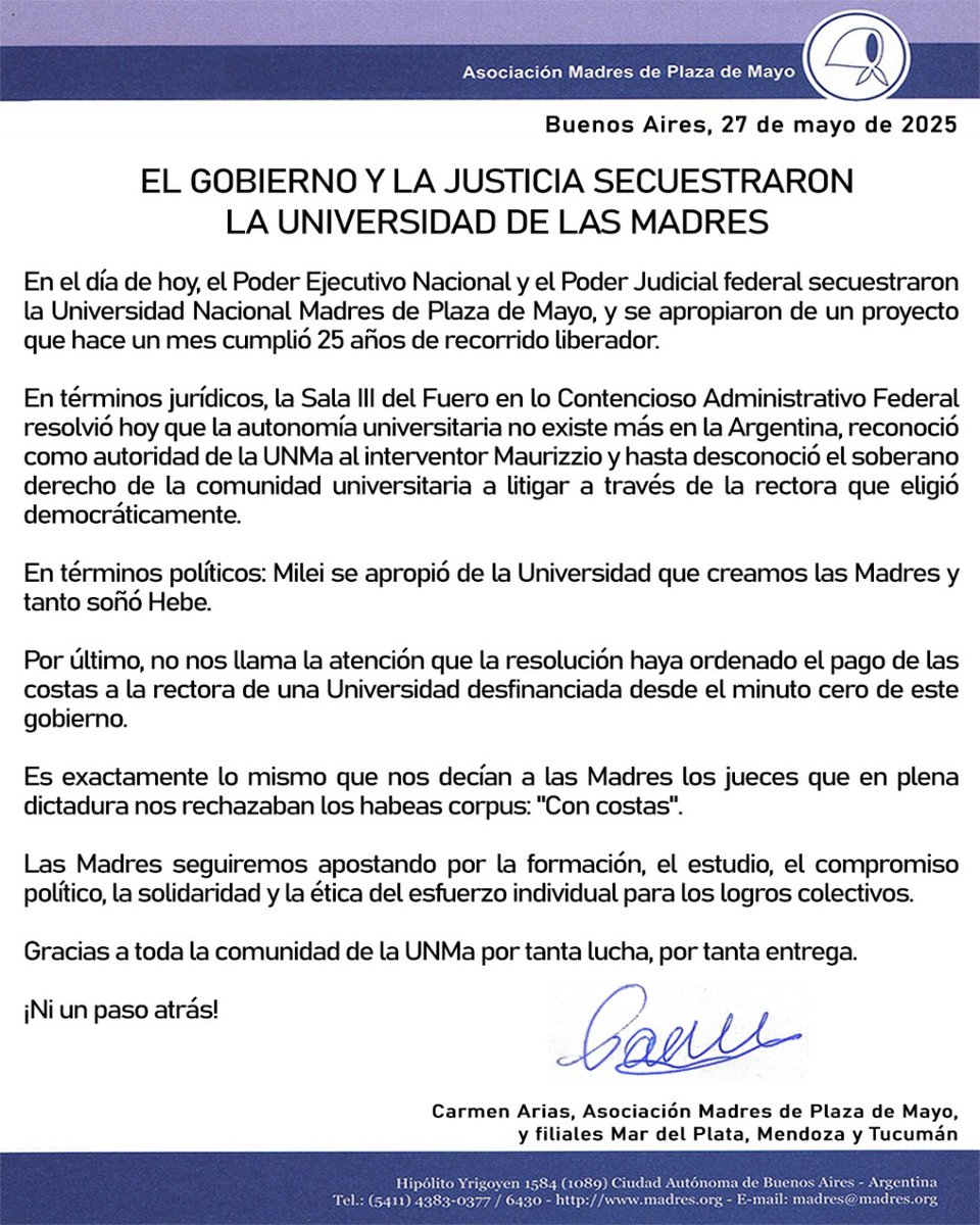 Mientras algunos medios y periodistas se preocupan por el avance de Trump sobre la Universidad de Harvard, la Justicia argentina, por pedido de Milei, secuestra a la Universidad nacional de las Madres. Hagamos algo para parar este atropello