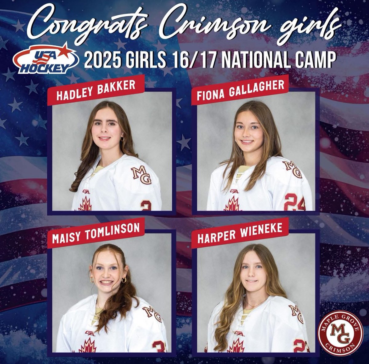 We 👀 you <a href="/fionagallagherH/">Fiona Gallagher</a> <a href="/HarperWieneke/">Harper Wieneke</a> Maisy &amp; Hadley!!! Congratulations on making it to Naty Camp!! 
July will Come Fast 🇺🇸
#LetsGo #HappyForYou #CrimsonFamily <a href="/MG_Girls_Hockey/">Crimson Girls Hockey Booster</a> <a href="/MGActivities/">Crimson Activities</a> <a href="/CCXSports/">CCX Sports</a>