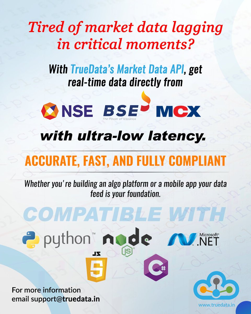 truedata1's tweet image. Tired of market data lagging in critical moments?
With TrueData’s Market Data API, get real-time data directly from NSE with ultra-low latency.

Know More: bit.ly/4aGXdEP

#TrueData #marketdataAPI #bse #nse #python #nodejs #csharp #mcx #trading #traders #investment
