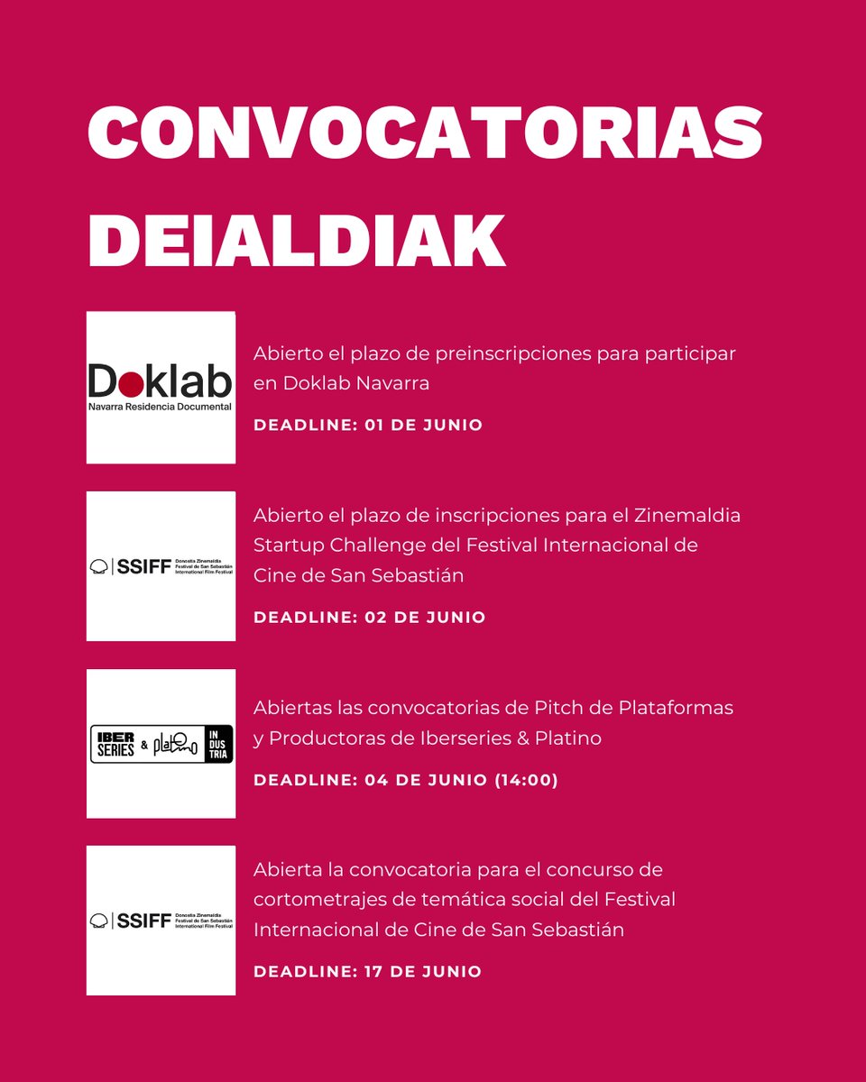 NavFilm's tweet image. 📢CONVOCATORIAS DE INTERÉS / INTERESEKO DEIALDIAK

 ◾ Doklab Navarra 📝 Ekainak 01 de Junio
 ◾ Zinemaldia Startup Challenge 📝 Ekainak 02 de Junio
 ◾ Iberseries &amp;amp; Platino 📝 Ekainak 04 de Junio (14:00)
 ◾ Festival Internacional de Cine de San Sebastián 📝 Ekainak 17 de Junio