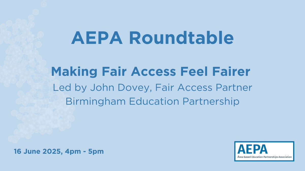 🎉 Our next roundtable is approaching fast.

John Dovey, @BEPVoice's Fair Access Partner, will share:

👉 Birmingham's approach to allocating unplaced children
👉 How it works practically
👉 How it could be adapted to support fair access in other LAs

🎟️ buff.ly/mWnVROQ