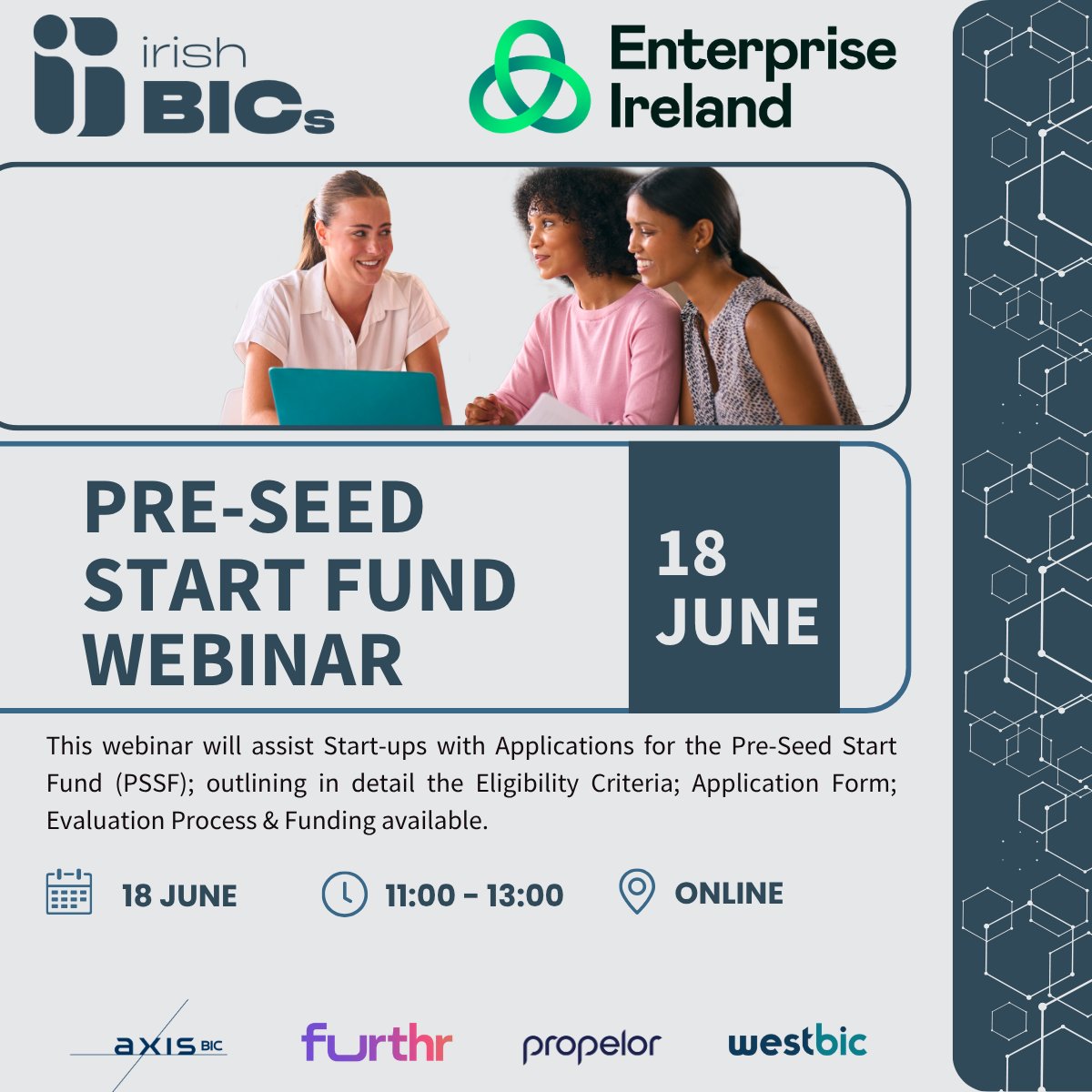 WestBIC (@west_bic) on Twitter photo 🚀 Join WestBIC's online workshop on the Pre-Seed Start Fund!
🗓️ 18 June | ⏰ 11AM
💼 Learn how PSSF can support your startup.
🎟️ Register: eventbrite.ie/e/pre-seed-sta…
#PreSeedStartFund #StartupGrowth #EnterpriseIreland #Workshop <a href="/Entirl/">Enterprise Ireland</a> <a href="/AxisBic/">AxisBIC</a> <a href="/Furthr_ie/">Furthr</a> <a href="/propelorbic/">Propelor BIC (the new name for South East BIC)</a> 🚀 Join WestBIC's online workshop on the Pre-Seed Start Fund!
🗓️ 18 June | ⏰ 11AM
💼 Learn how PSSF can support your startup.
🎟️ Register: eventbrite.ie/e/pre-seed-sta…
#PreSeedStartFund #StartupGrowth #EnterpriseIreland #Workshop <a href="/Entirl/">Enterprise Ireland</a> <a href="/AxisBic/">AxisBIC</a> <a href="/Furthr_ie/">Furthr</a> <a href="/propelorbic/">Propelor BIC (the new name for South East BIC)</a>