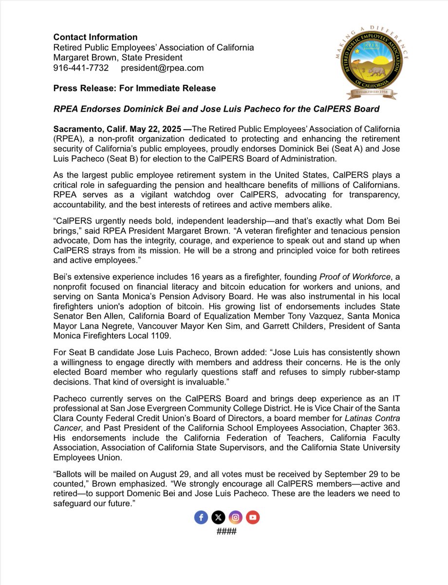 I'm delighted to announce that I have received an endorsement from the California Retired Public Employees' Association (RPEA) (Position B), alongside <a href="/beiwatch/"></a> (Position A).  Thank you for the support!!

facebook.com/10006471432726…