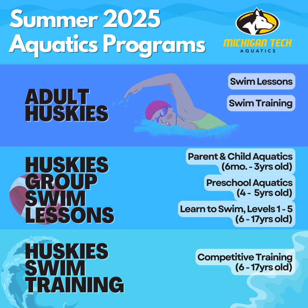 Come make a splash in the SDC Pool! Registration for Session 1 of Summer 2025 Aquatics programs closes soon! Visit our website for more details and sign up today!
michigantechrecreation.com