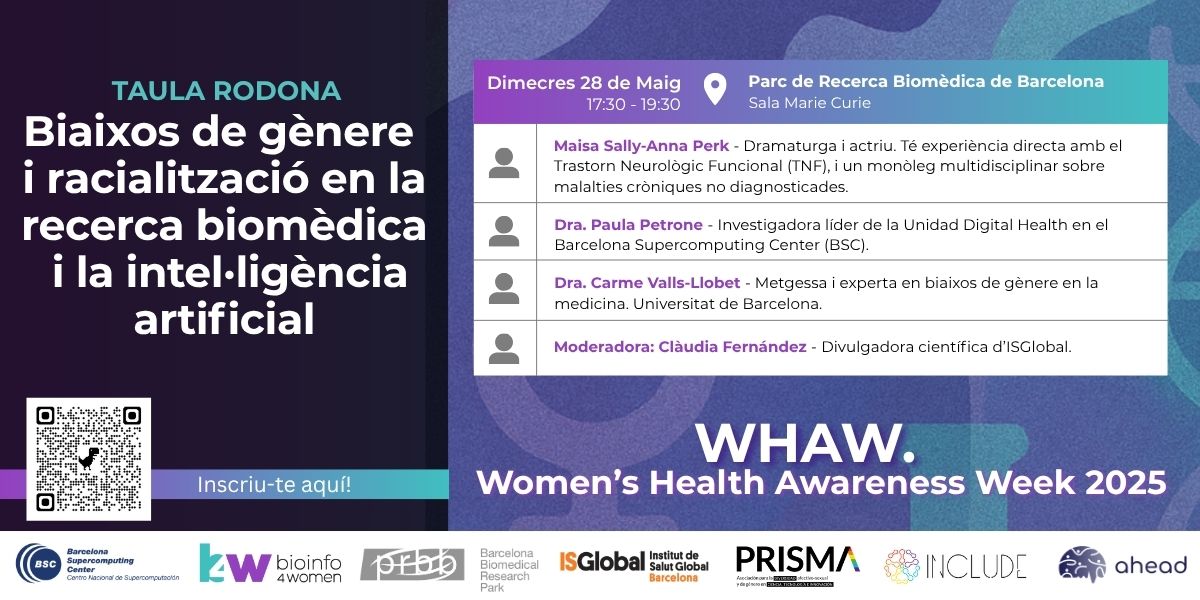 Bioinfo4Women (@bioinfo4women) on Twitter photo Avui ens trobem a les 17.30h al <a href="/the_prbb/">Biomedicina BCN</a>!
Taula rodona divulgativa per parlar sobre biaixos de gènere i racialització en la recerca biomèdica i la intel·ligència artificial.
Inscripció gratuïta forms.gle/eQVxF7b5Lee69b…
Resta d'activitats setmana #WHAW bsc.es/news/events/wh… Avui ens trobem a les 17.30h al <a href="/the_prbb/">Biomedicina BCN</a>!
Taula rodona divulgativa per parlar sobre biaixos de gènere i racialització en la recerca biomèdica i la intel·ligència artificial.
Inscripció gratuïta forms.gle/eQVxF7b5Lee69b…
Resta d'activitats setmana #WHAW bsc.es/news/events/wh…