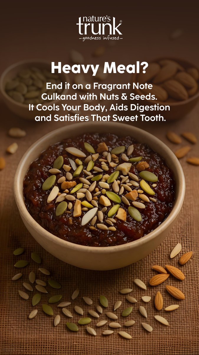Natures_Trunk's tweet photo. 🌟 Heavy Meal?
End it on a fragrant note with a spoonful of Gulkand loaded with nuts & seeds! It cools your body, aids digestion, and satisfies those sweet cravings naturally.
💫 Digestive delight meets sweet satisfaction — the perfect end to a hearty meal.
#GulkandMagic https://t.co/asndxQL3Aq