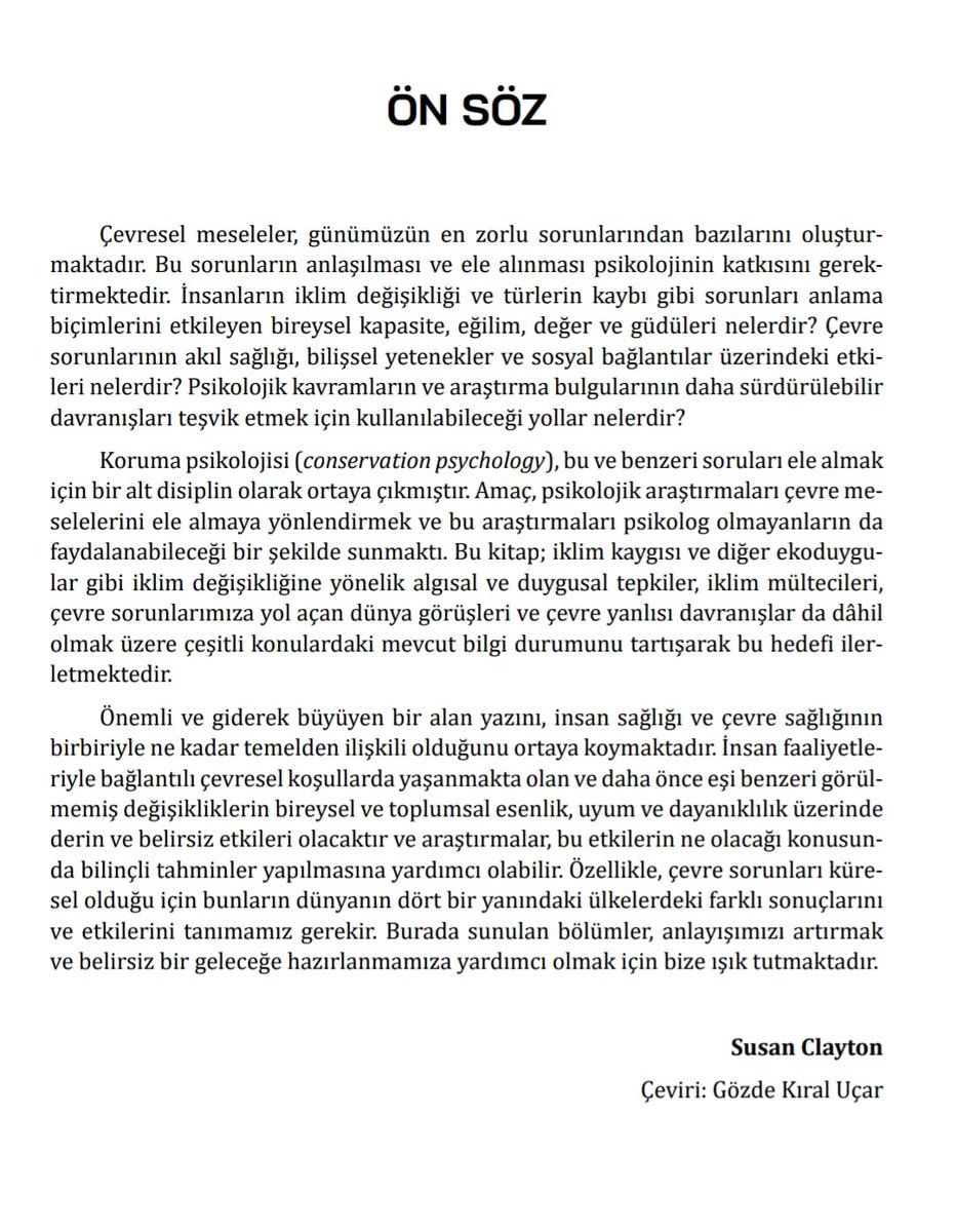 Kitabımızın ön sözünü kaleme alan, alanın öncü isimlerinden sevgili Susan Clayton'a da özel bir teşekkür etmeliyim🙏🌲