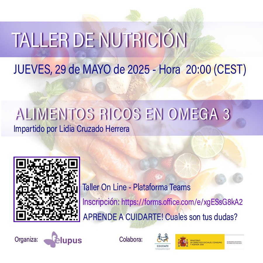 ℹ️ Nuestro Autocuidado es el principio frente al #LUPUS 
En esta ocasión Taller de Nutrición 📅Jueves 29/052025 
🕖20:00

Enlace⬇️ forms.office.com/e/xgESsG8kA2

🟣 Recomendación de Omega3 en Enfermedades Autoinmunes como el #Lupus, principio antiinflamatorio en la alimentación

⬇️🧵⬇️