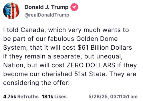 Protection isn't free. If Canada wants protection they need to pay $61 billion. We don't need a 51st liberal state. We have enough lib states in the U.S.