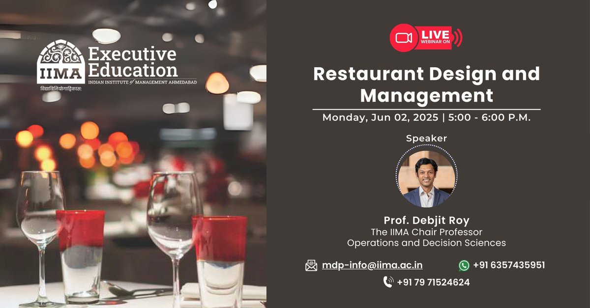 Join us for a live #webinar on #IIMA’s Restaurant Design &amp; Management programme.
Explore how to lead in the evolving #restaurantindustry.
Register: lnkd.in/dU-MBGQE

#FoodBusiness