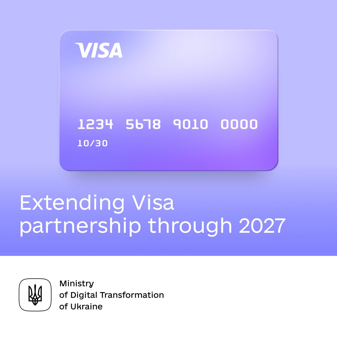 We’ve extended our strategic partnership with <a href="/Visa/">Visa</a>  through 2027! Together, we’ve launched key initiatives to build the most convenient digital state. Grateful for the collaboration — more ambitious projects ahead to boost 🇺🇦’s digital edge globally.