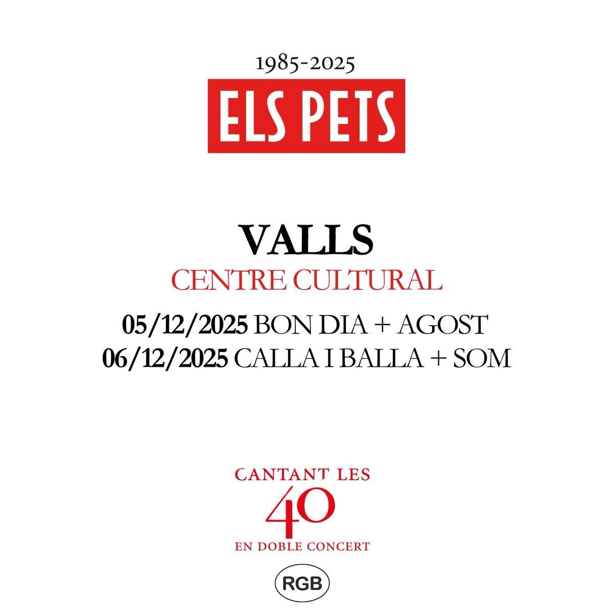 VALLS, molt contents d’anunciar-vos que a finals d’any tancarem la gira ben a prop de casa, al Centre Cultural, amb el doble concert de “Cantant les quaranta”! 

Hi serem el 5 de desembre amb “Bon Dia” + “Agost” i el 6 de desembre “Calla i Balla” + “SOM”. Els dos concerts, a les