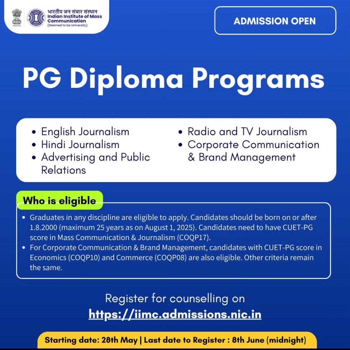 प्रो. राकेश गोस्वामी / Prof. Rakesh Goswami (@drrakeshgoswami) on Twitter photo It’s live—start registering!
Online registration and choice filling for <a href="/IIMC_India/">Indian Institute of Mass Communication</a> counselling 2025 is live now on iimc.admissions.nic.in It’s live—start registering!
Online registration and choice filling for <a href="/IIMC_India/">Indian Institute of Mass Communication</a> counselling 2025 is live now on iimc.admissions.nic.in