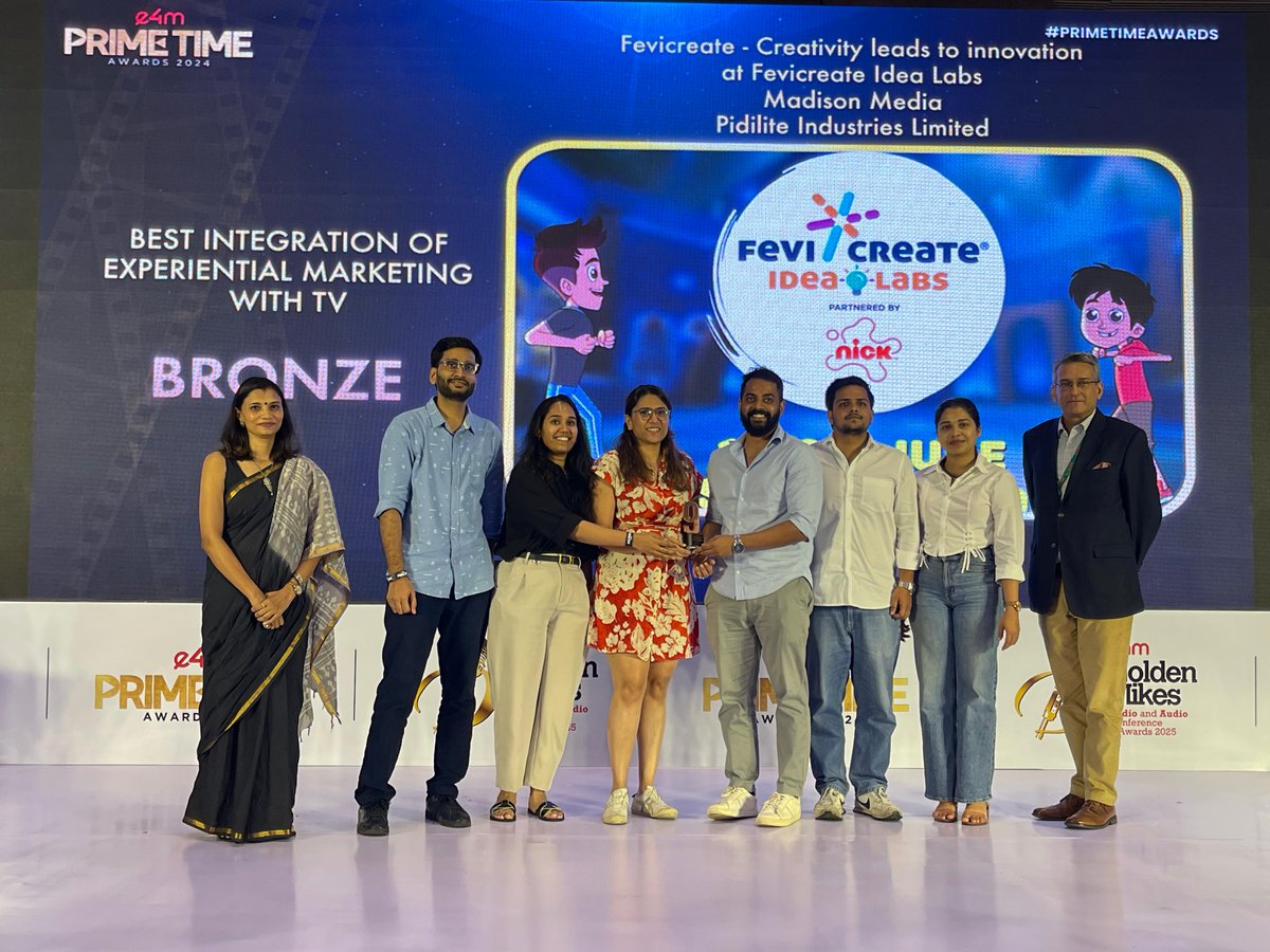 e4mevents's tweet image. Recognizing excellence in television advertising! We applaud the winners of the e4m Prime Time Awards 2025! 👏

📺 Category: Best Integration of Experiential Marketing with TV
🎯 Winners: @MadisonWorldIND
@PidiliteInd 

#e4mPrimeTime #CreativeExcellence #StorytellingMatters